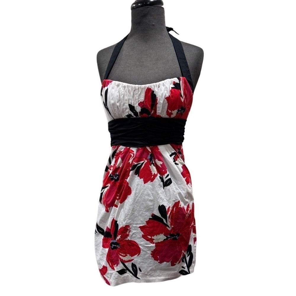 Y2k Speechless Floral Halter Mini Dress Red Black White Ruched‎ Waist Size 3